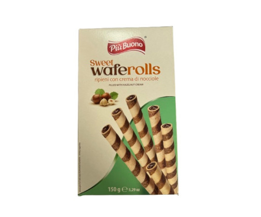 гурт трубочки Piu Buono Waffer Rolls Nocciole, з горіховим кремом 04.12.25 150г (12)